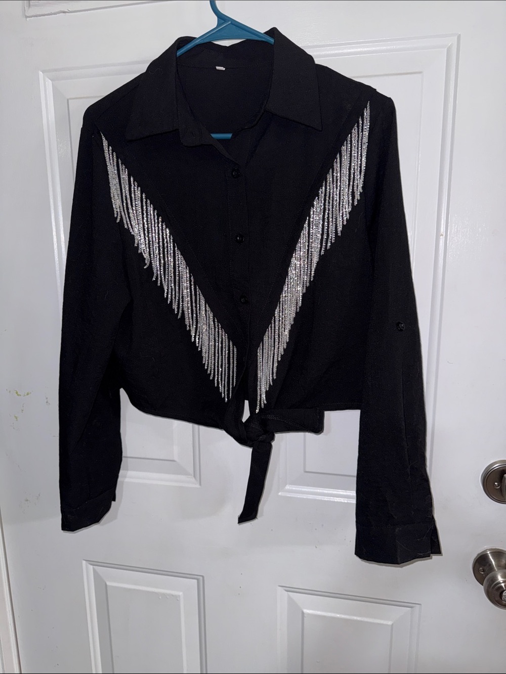Black Tie-Front Shirt with Silver Fringe Detail